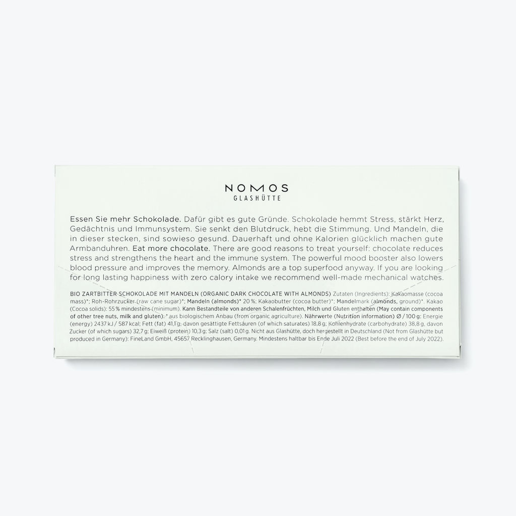 NOMOS dark chocolate with almonds; five bars. Cocoa content: 55%. All ingredients are vegan and organically sourced.